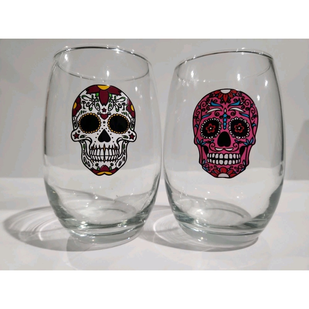 Day of the Dead Sugar Skull Stemless Wine GLASSES Set of 2 White  Muertos 12 oz